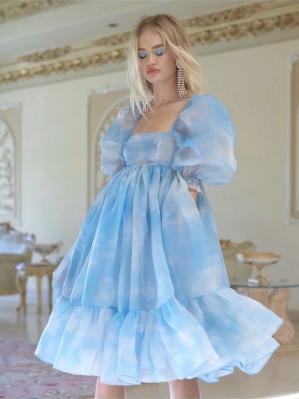 Selkie Head in the Clouds French Puff Dress, 2X, Midi Puff Sleeve Babydoll Dress
